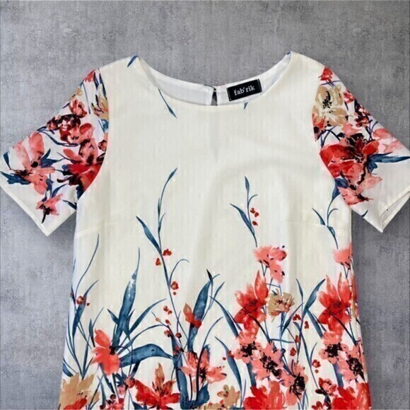 Fabrik Dress Womens Medium Floral Print Round Neck Knee Length Bohemian Coastal - Picture 2 of 14